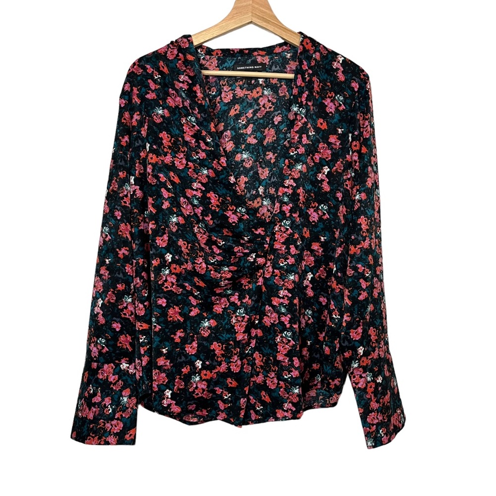 Something Navy Black Pink Floral Button Clasp Blouse Open Size L Women